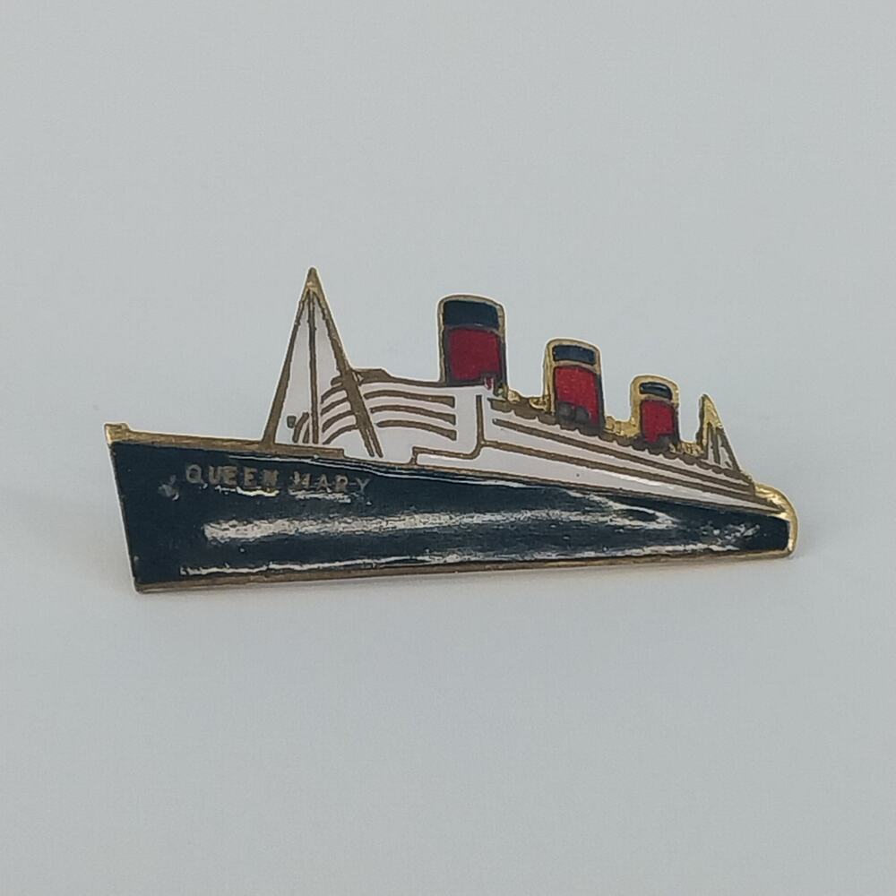 RMS Queen Mary Enamel Pin Stratton England Cunard Ocean Liner Ship Brooch Vtg